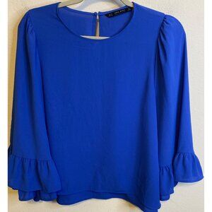 Zara Basics  Women Blouse Shirt Top Blue Bell 3/4 Sleeve Babydoll MEDIUM Boxy